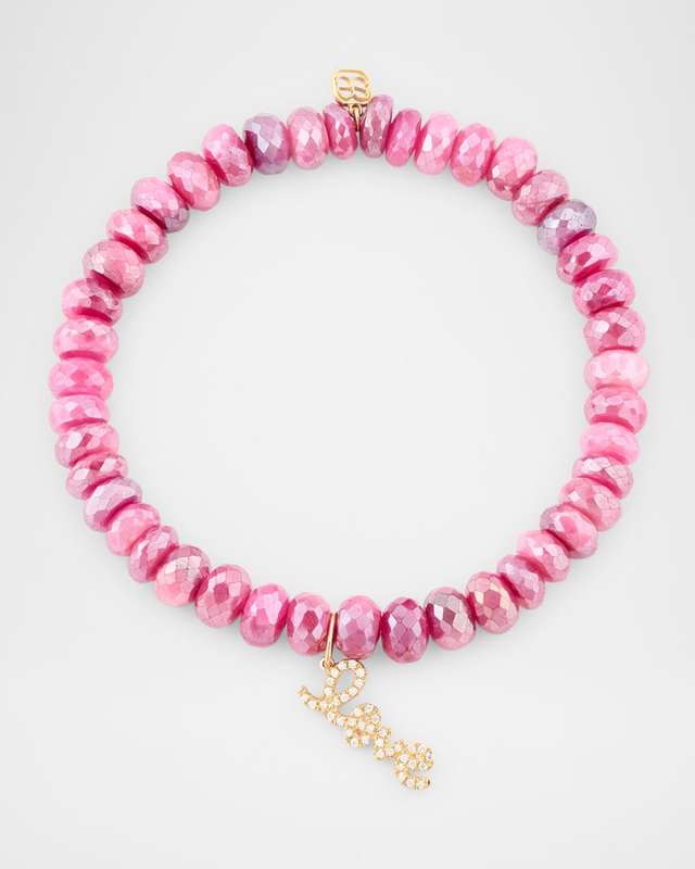 Red Moonstone Bead Bracelet with Love Script Diamond Charm